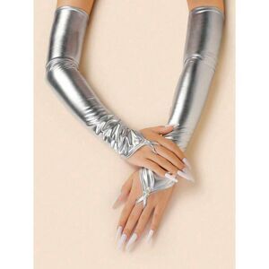 Silver Metallic Long Fingerless Gloves – Wet Look PU Leather Arm Warmers